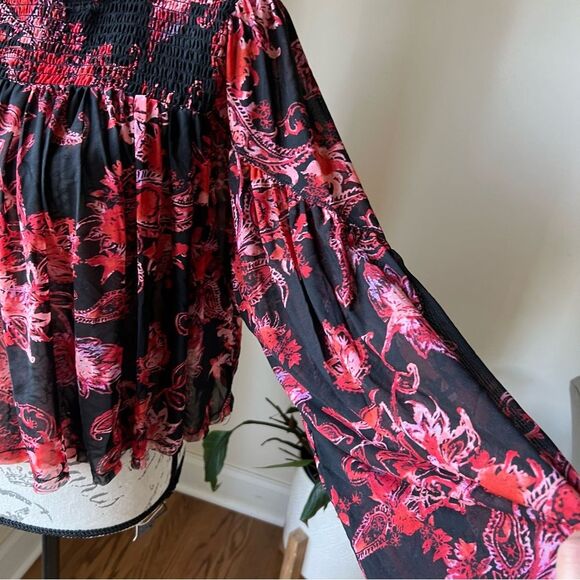 NEW Free People Anything Western Shirt Black Red Print Keyhole Back Sz S - Picture 6 of 9